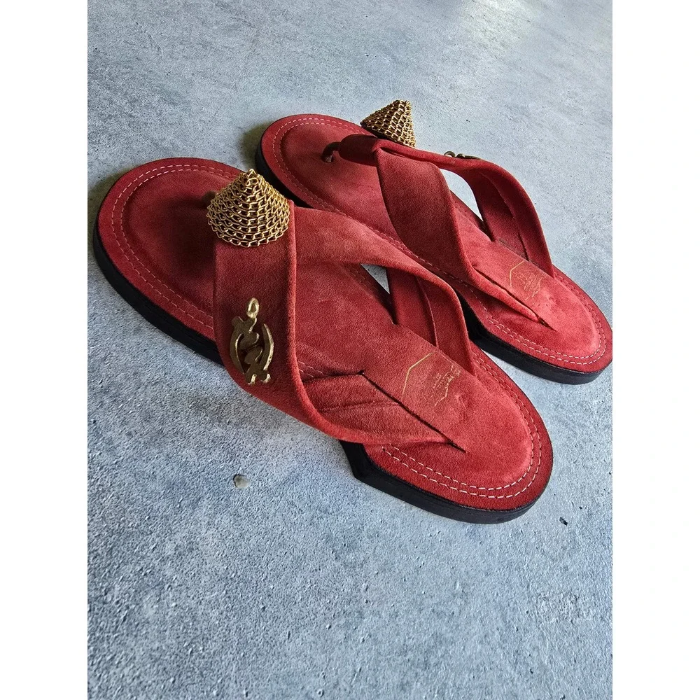 Ahenema Slippers African Royal Thong Sandals Mens Size EU 42 Red Gold Suede